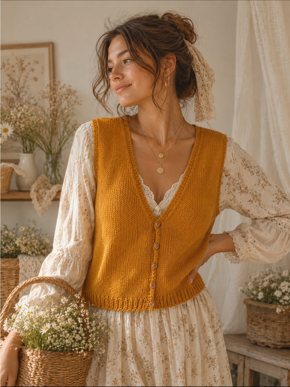 Vintage Mustard Yellow Cottagecore Boho Prairie  Handmade Knit Sweater Vest M
